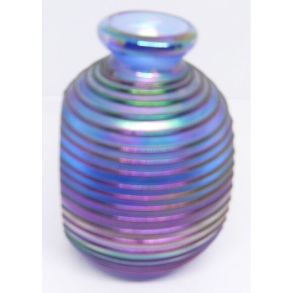Handcrafted Iridescent Blue & Purple Threaded Glass Vase Czech Bohemian Vintage - Picture 2 of 5